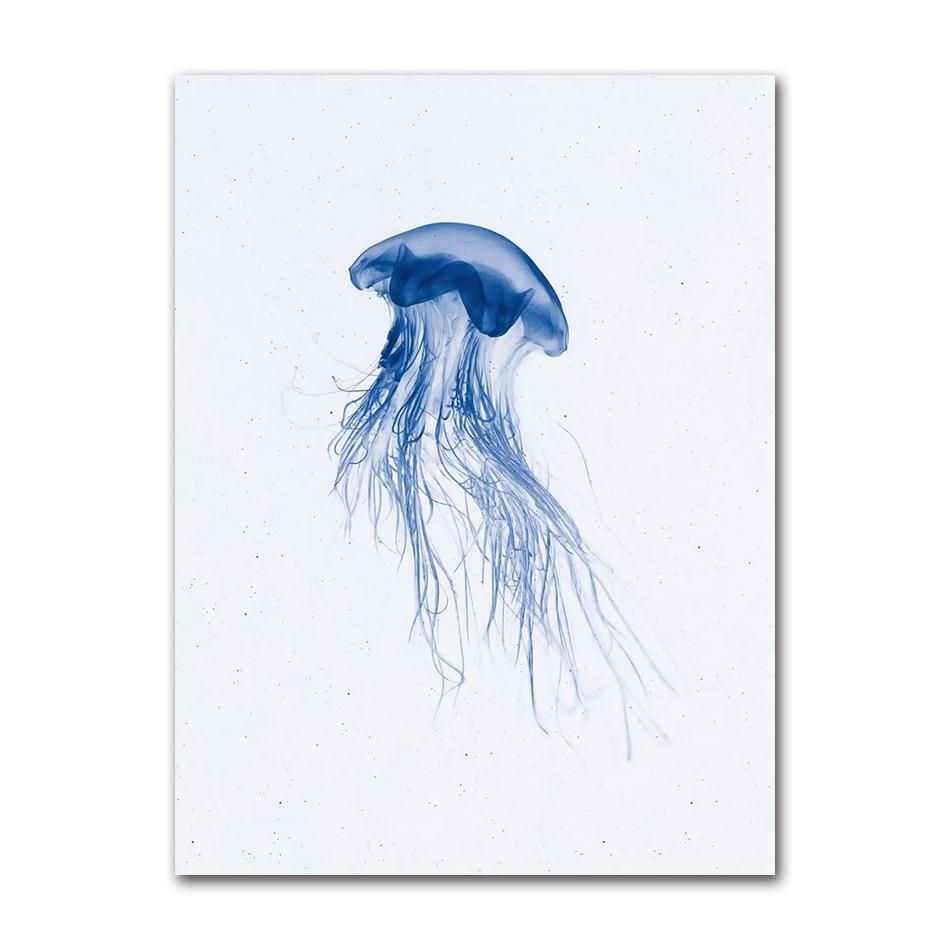 Retro Sea Animal Cyanea Jellyfish Squid Shark Minimalist Art Poster Canvas Painting Wall Prints Picture Living Room Home Decor