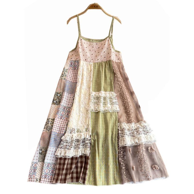 Yunnan Tourism Seaside Vacation Style Vintage Floral Splicing Sling Dress Female Summer Small Loose Long Dress