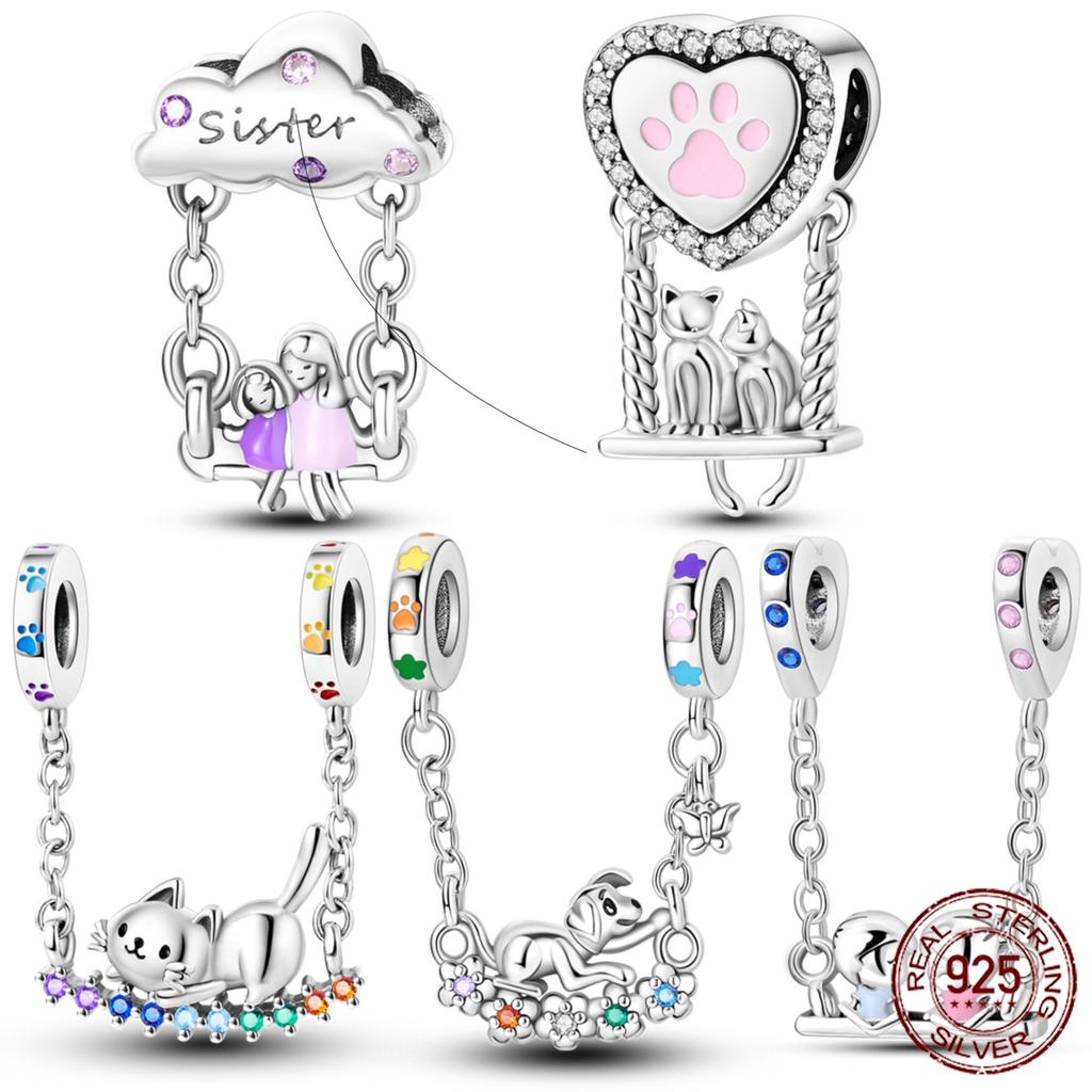 Spielen Auf Schaukel Romantischer Liebhaber Charms Perle Echter Kupfer Katze Freundschaft Dangle Passend Original Zubehör Armbänder DIY Schmuck