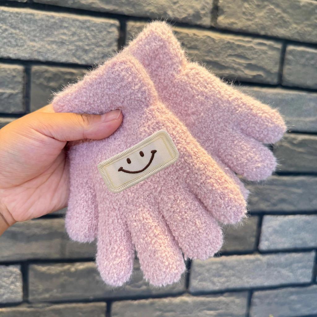Korean Style Kids' Woolen Knit Five-Finger Gloves with Smiley Face for Autumn/Winter Warmth