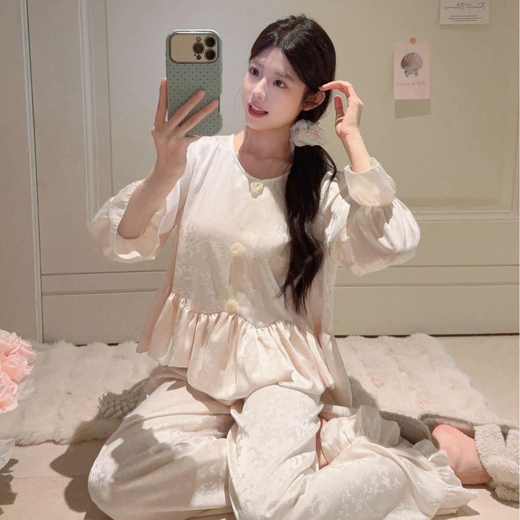 Early Spring New Hair Accessories Girl Pajamas Set Ins Cream Wind Long-sleeved Princess Wind Ice Silk Jacquard Loungewear