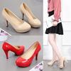 Spring and summer new super high heels shoes black waterproof patent leather light mouth round head waterproof table single shoes sexy and thin