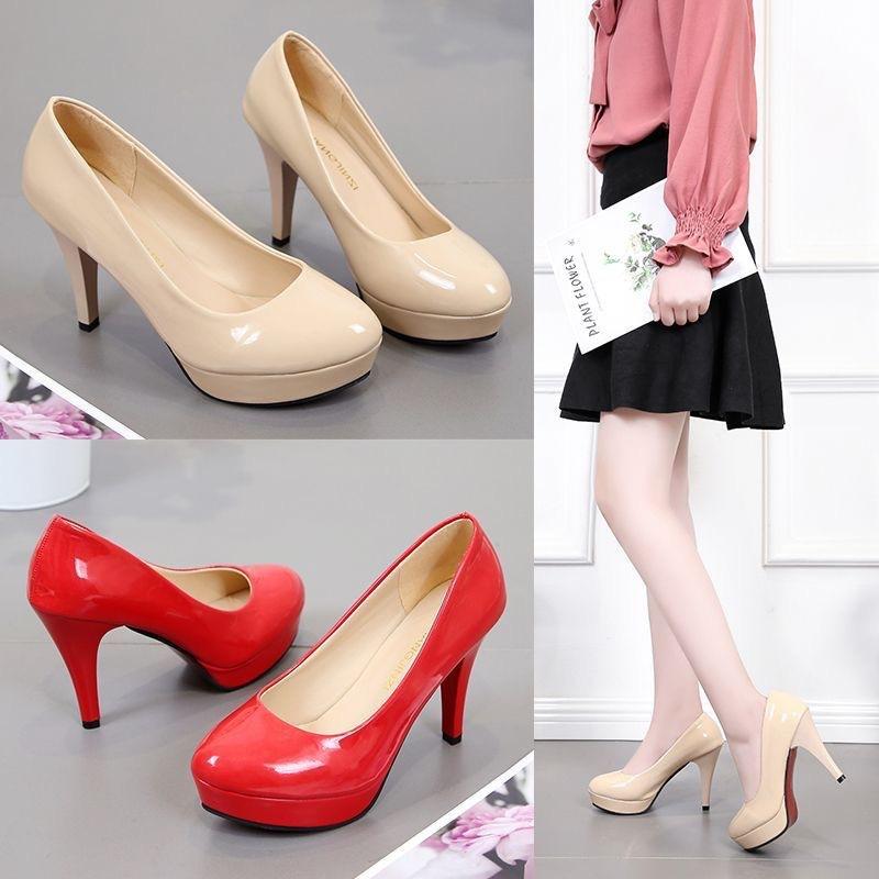 Spring and summer new super high heels shoes black waterproof patent leather light mouth round head waterproof table single shoes sexy and thin