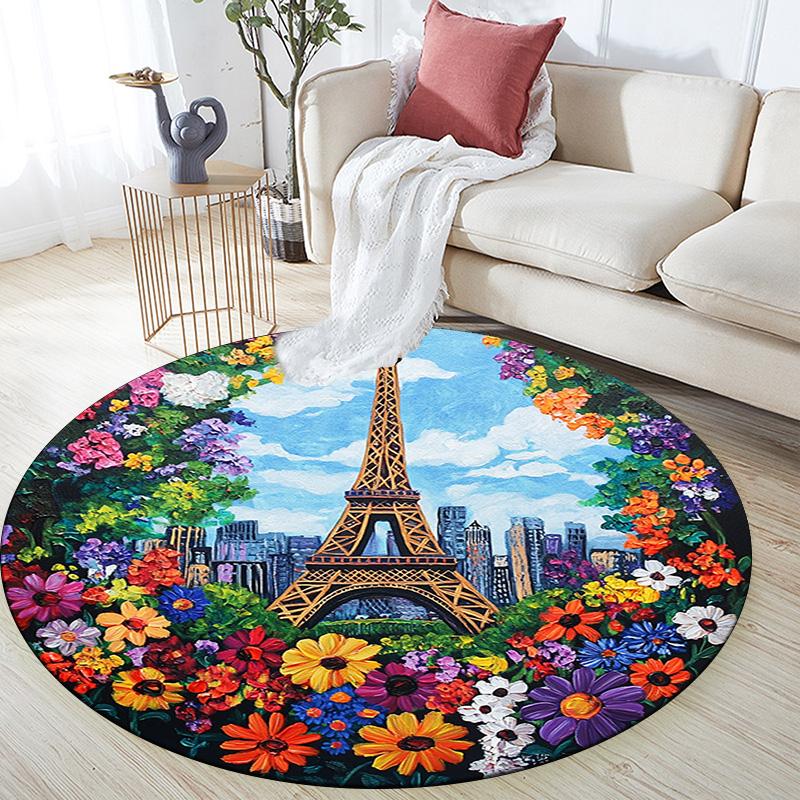 Eiffel Tower Paris Round Area Rug,Carpet Rug for Living Room Bedroom Sofa Playroom Decor,Non-slip Floor Mat