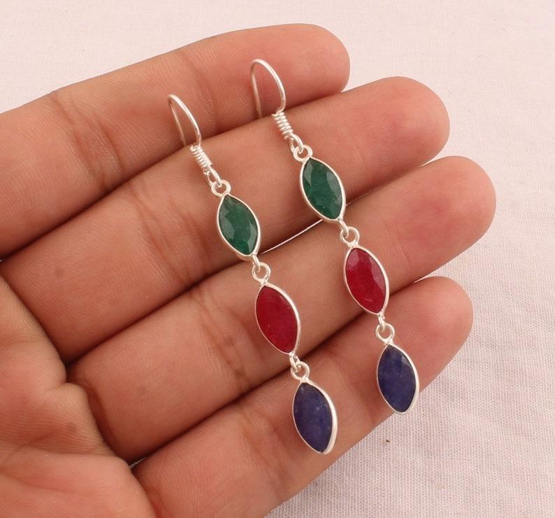 

Solid 925 Sterling Silver Dyed Ruby Emerald Sapphire Gemstone Handmade Designer Women Dangle Drop Earring Gift For Her