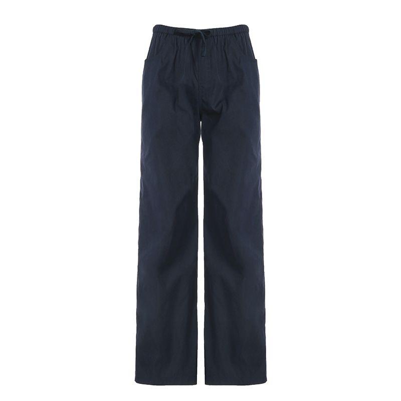 

Darlingaga American Retro Drawstring Low Waist Woven Casual Pants for Women Easiest for Match Loose Straight-leg Dark Blue Pants Blue S