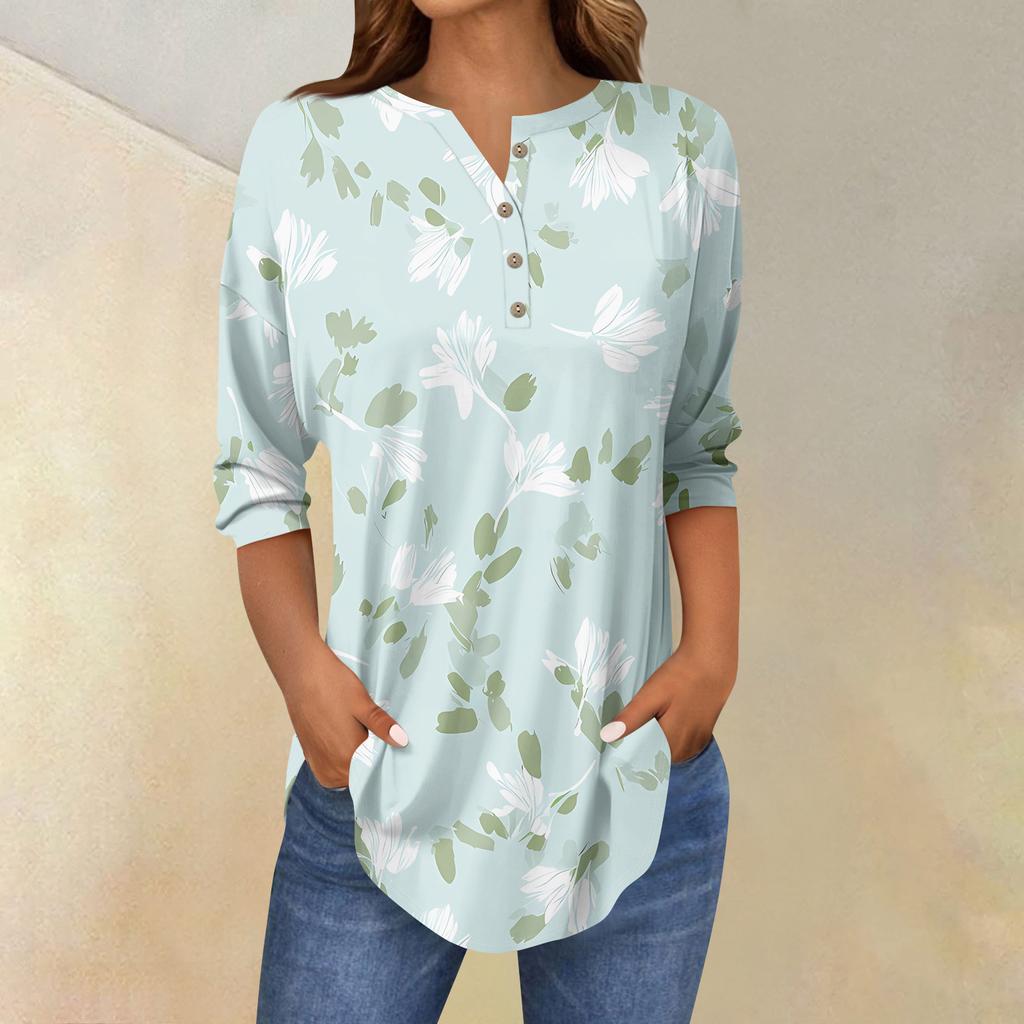 Tee Shirts For Women Fall Casual 3/4 Long Sleeve Button Shirts Sweatshirt Vintage  Top Pullover