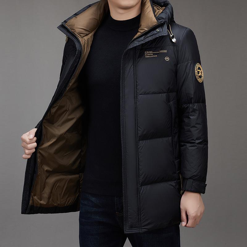 Men's Hooded Winter Puffer Jacket - Mid-Length, Warm, Loose Fit, 90% White Duck Down