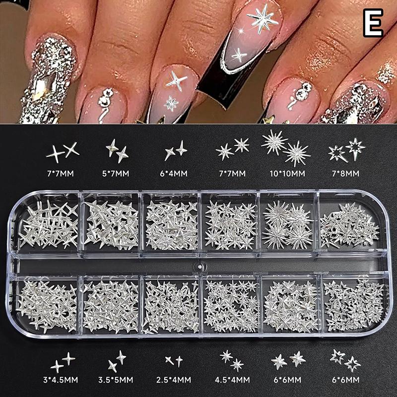 6/12Grids Metal Bow Nail Art Charm Gold Silver 3D Star/Cross Nail Rivet Starlight Nail Decoration Parts Diy Manicure Accessories