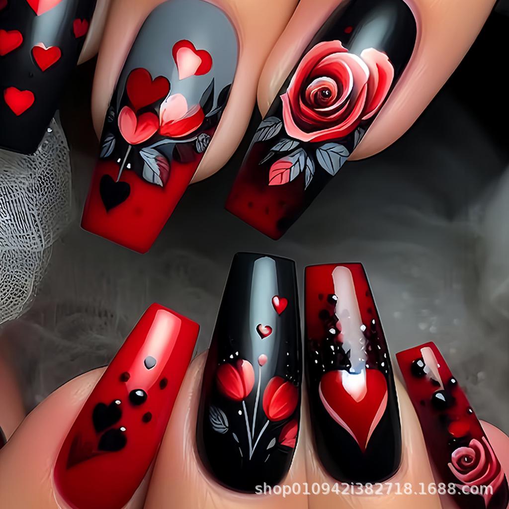 24PCS Gothic False Nails Dark Red Vine Pattern Medium Coffin Press On Nail Sticker Sweet Cool Glossy French Fake Nail Spice Girl