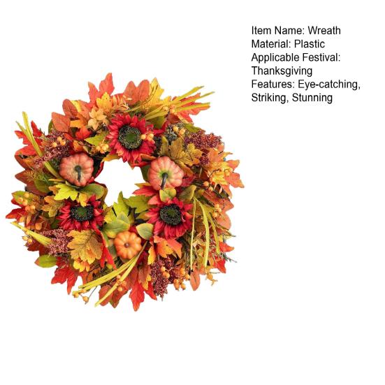 18 Inch Fall Wreath for Front Door Large Autumn Wreath with Artificial Pumpkins Sunflowers Maple Leaves for Thanksgiving Harvest Farmhouse Porch Wall