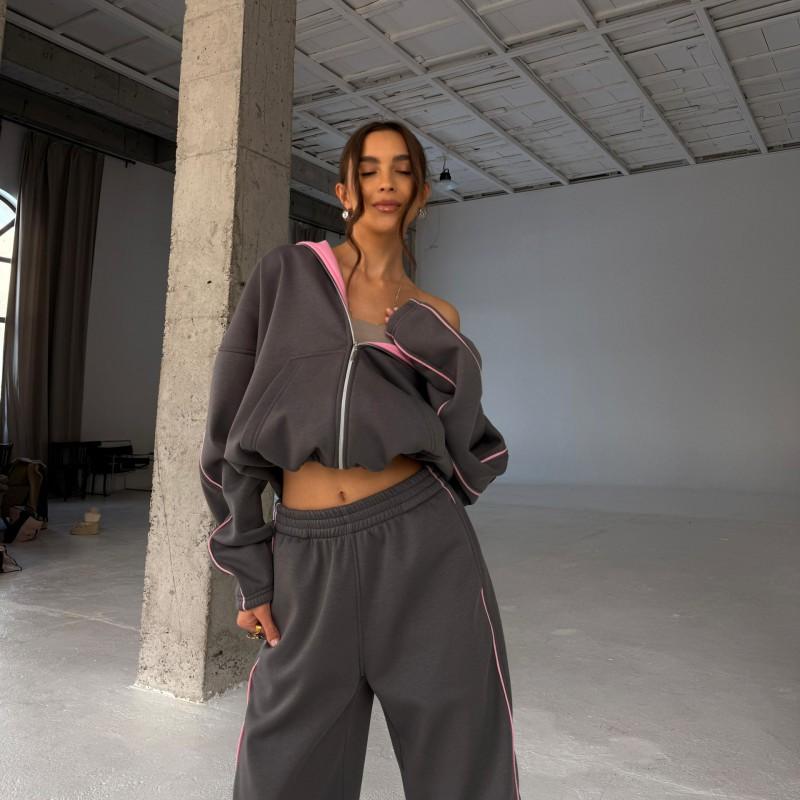 Women's Clothes Double-sided Color Matching Contrasting Hooded Zipper Cardigan Trousers Two-piece Set