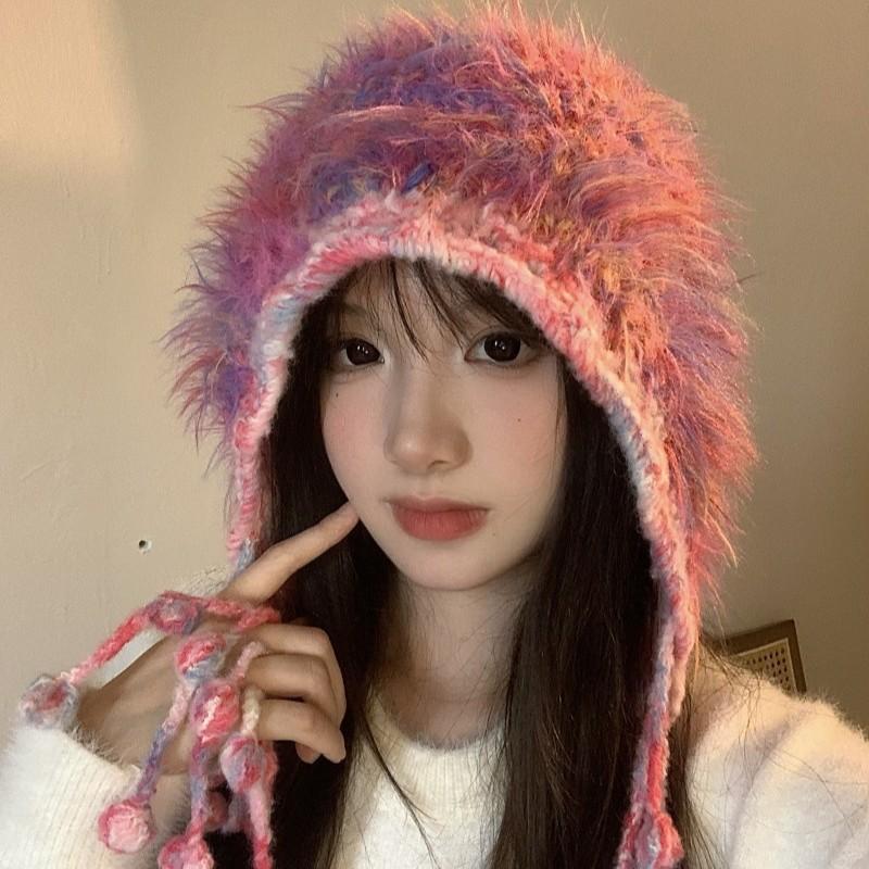 Winter Fringed Wool Hat Mixed Color Knitted Plush Hat Women's Warm Versatile Ear Protector Headgear
