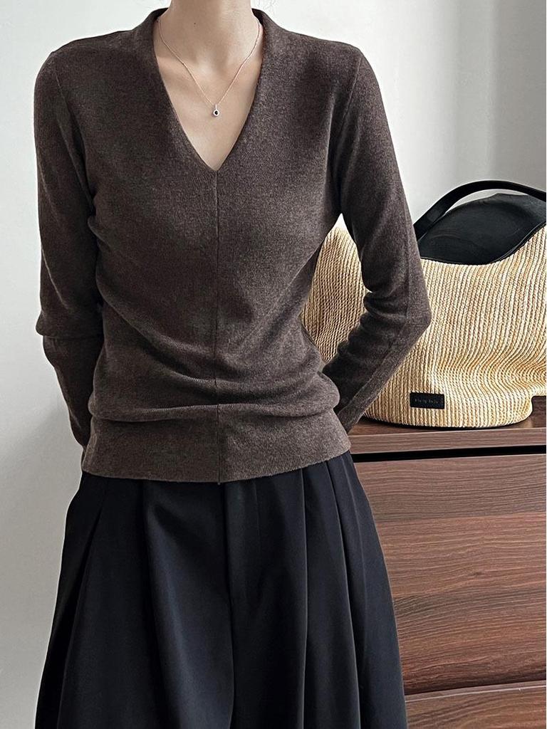 Luxi Dámské minimalistické tričko s výstřihem do V a dlouhým rukávem, podzim 2024 zeštíhlující high-endové vnitřní tričko (Styl: SS539)