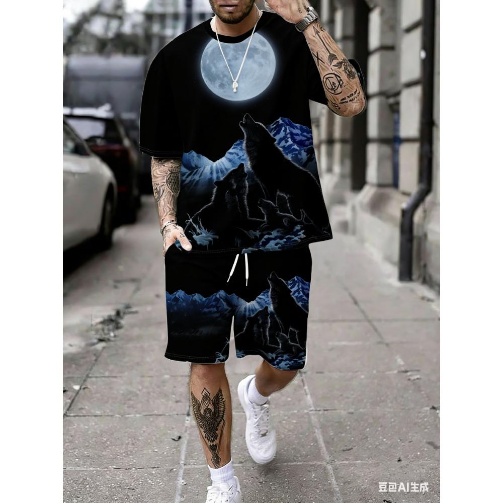 Men's Starry Sky Wolf Pack Print Short-Sleeved T-Shirt and Shorts Set