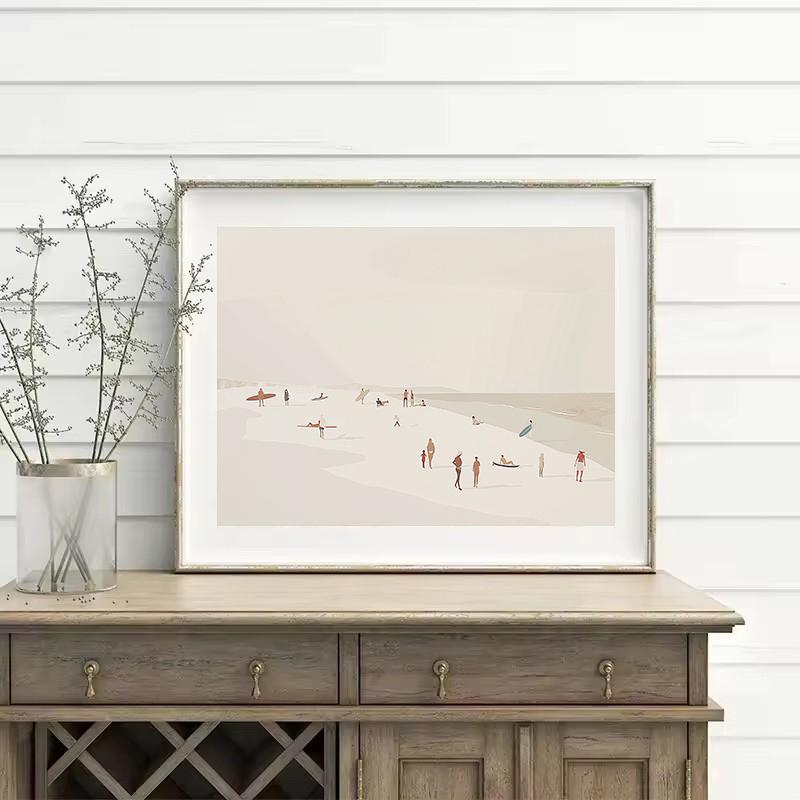 Retro Minimalist Beach Figure Swimming Surfing Poster Canvas Painting Wall Art Pictures Home Beach House Bathroom Decor