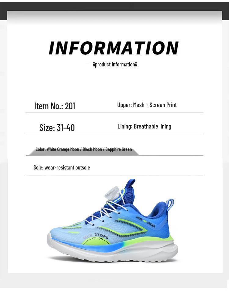 Boys' No-Tie Breathable Mesh Running Shoes, Non-Slip Spin Buckle, Fashionable Spring/Autumn Sports Shoes for Medium and Large Kids