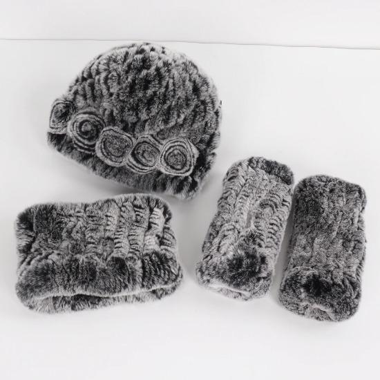 New Winter 3 Pieces Knitted Real Rex Rabbit Fur Hat Scarf Gloves Sets Women Natural Rex Rabbit Fur Warm Cap Scarves Mittens