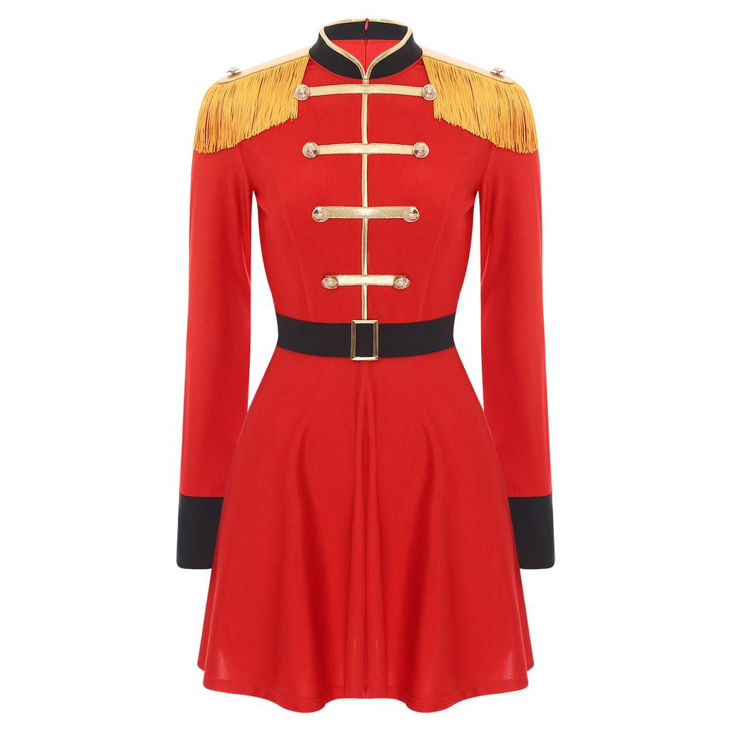 Womens Lion Tamer Costume Tassel Shoulder Long Sleeve Circus Ringmaster Dress Belted Halloween Outfit