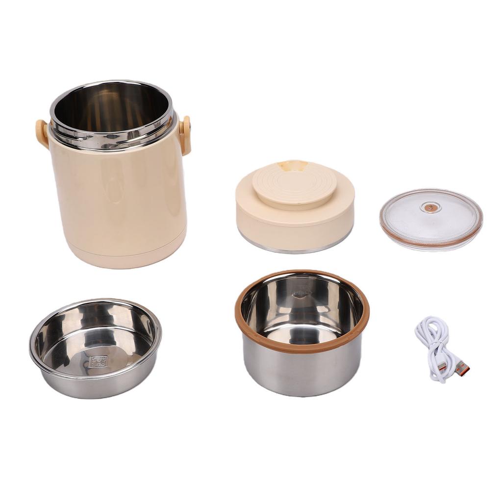 1.6L Electric Lunch Box 304 Stainless Steel Inner Pot USB Heating Multi Cooking Compartment Lunch Box Beige