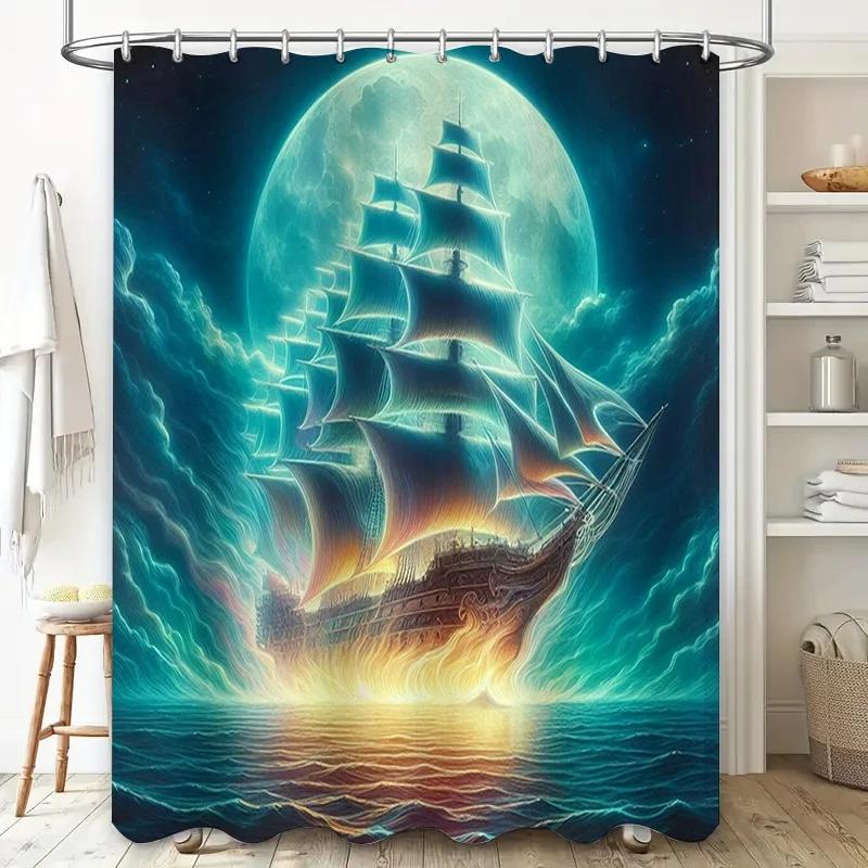 Blue Moon Fantasy Ship Shower Curtain Waterproof Bathroom Decor For Home Decoration