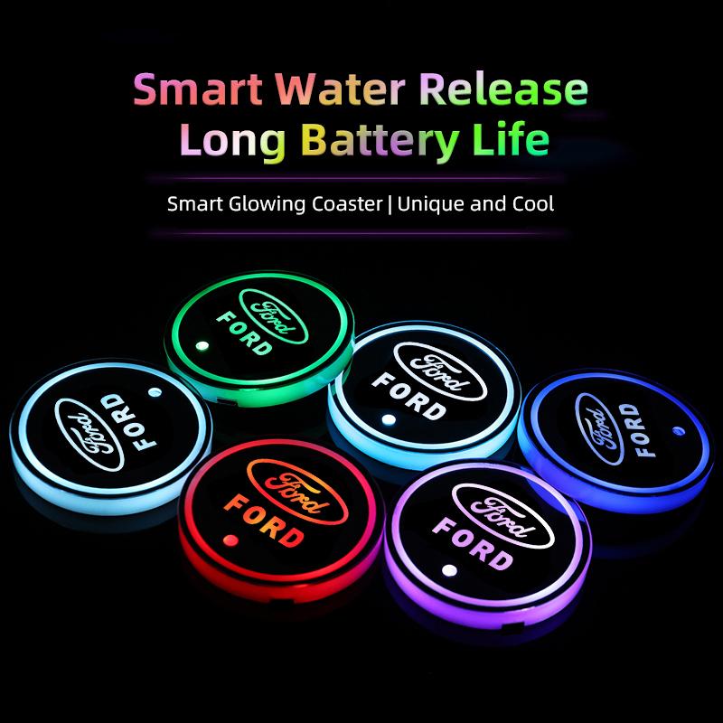 LLKC3 Ford Car Glowing Coasters LED Light Water Cup Mat For Ford Focus Fiesta Mondeo Explorer Kuga Car USB Charging Coasters keychain