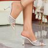 Fashionable Versatile High Heel Slippers Pointed Toe Rhinestone Decorated One-piece Strap Sandals Casual Elegant Ladies Shoes