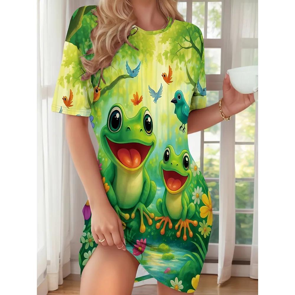Butterfly Flower Patterns Women Mini Dresses Summer Short Sleeve Printed Plus Size Casual Comfortable Soft Dress