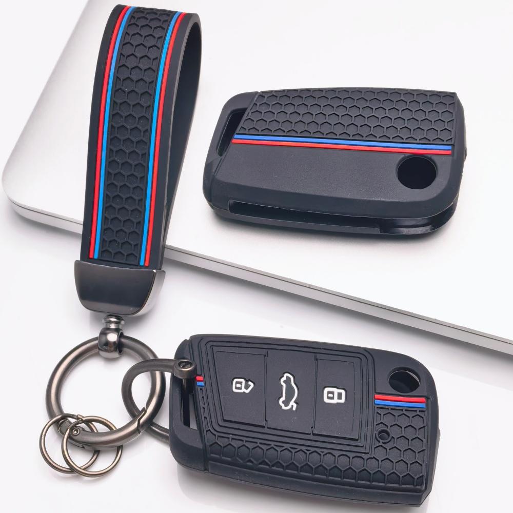 Silicone Car Key Fob Cover with Keychain Fit for Volkswagen VW Golf 7 MK7 Tiguan MK2 Touran L for Skoda, Fits Volkswagen Golf Tiguan Octavia A7