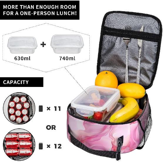 Pink Marble Lunch Box for Women Men, Insulated Lunch Box, Reusable Lunch Bag for Office, Work, Picnic, Travel