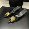 Spring Women'S Shoes Fashion Style Metal Camellia Pointed Head Thin Heel High Heel Bag Head Half Slippers Women'S Shoes