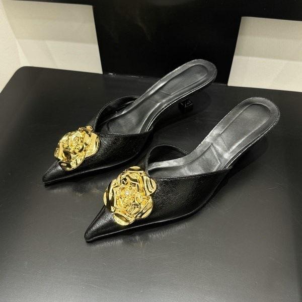 Spring Women'S Shoes Fashion Style Metal Camellia Pointed Head Thin Heel High Heel Bag Head Half Slippers Women'S Shoes