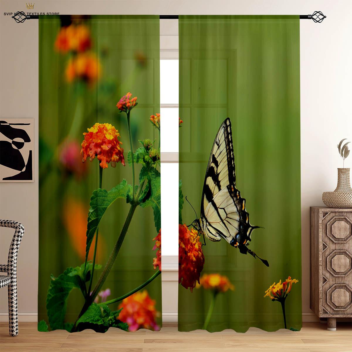 

2 предмета занавесок с рисунком «мечтательный цветок-бабочка» для сада, пасторального стиля, спальни, гостиной, кухни, декоративные занавески W50X130H(CM)X2PCS&Rod pocket