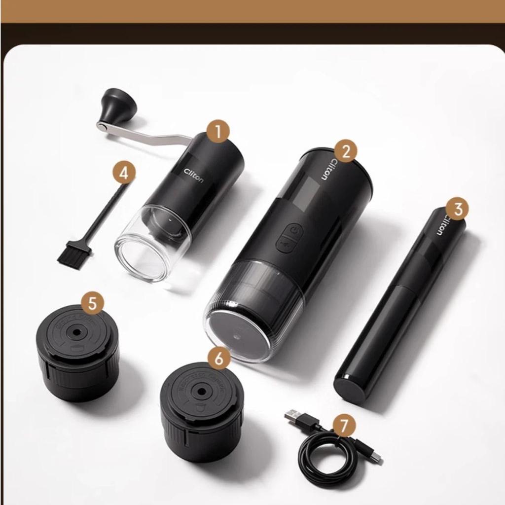 CLITON Portable Espresso Machine, 12V Car Cordless Handheld Semi-Automatic Coffee Maker with Coffee Grinder