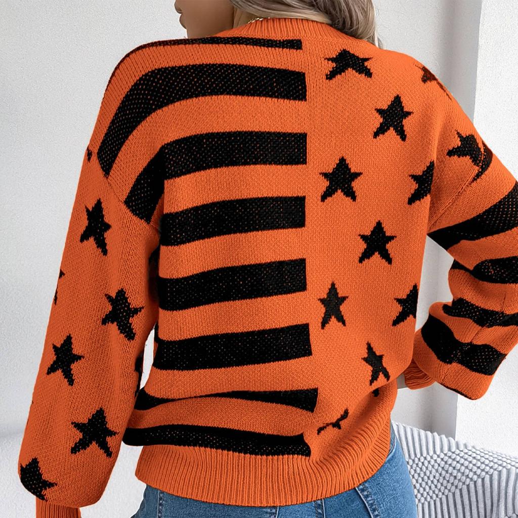 Women's Casual Star Striped  Long Sleeve Pullover Sweater