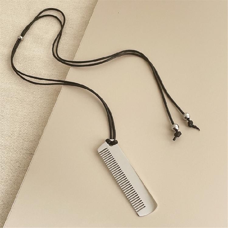 Unique Alloy Comb Pendant Necklace Accessory Adjustable PU Leather Rope Long Sweater Chain Stylish Neckchain Accessories