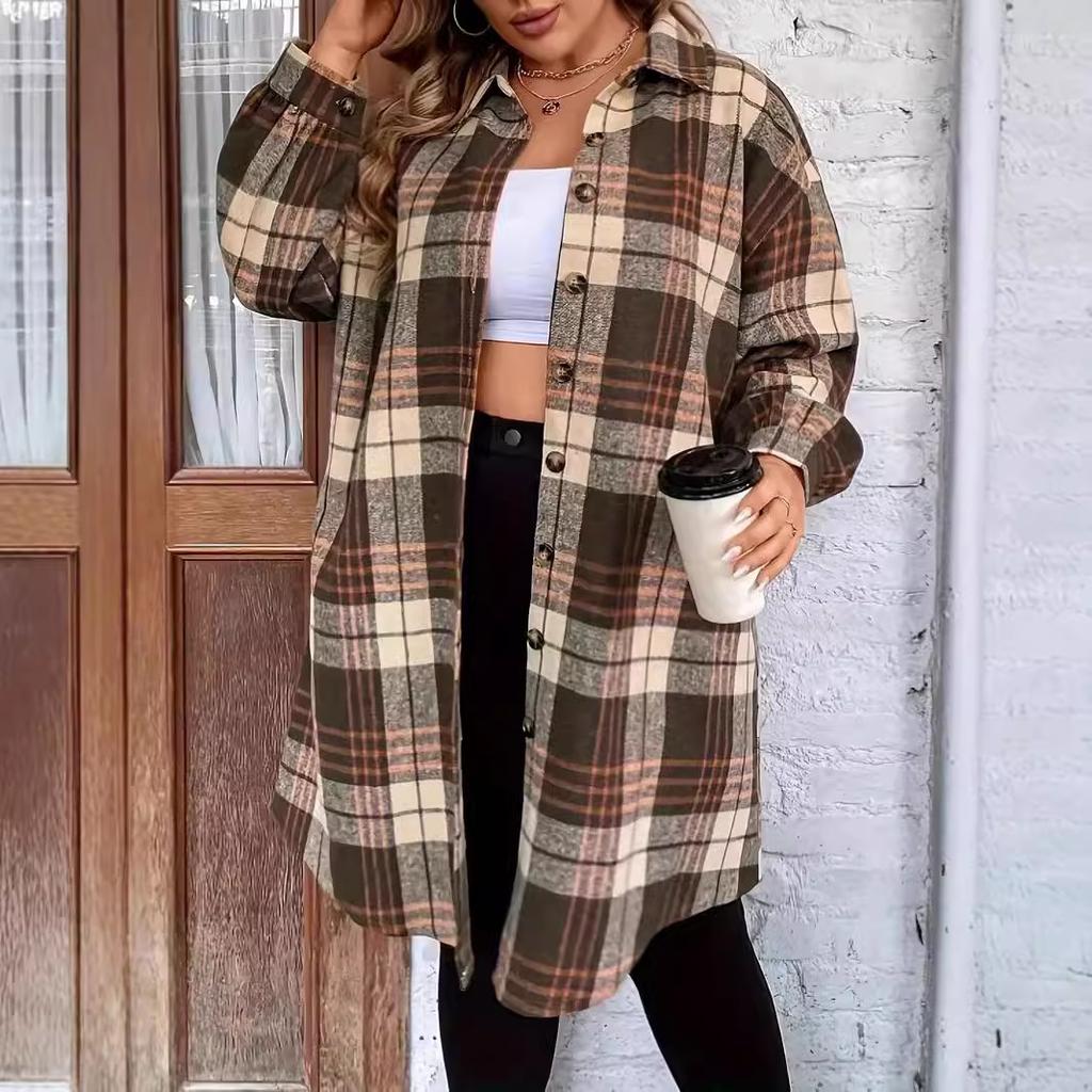 Autumn Long-sleeved Lapel Plaid Shirt Mid-length Tops Women's Shirt Plus Size Women's Shirts