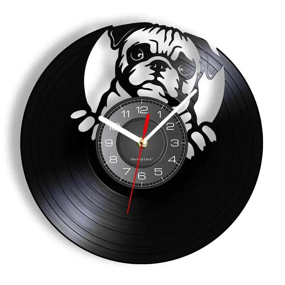 British Bulldog Pet Portrait Vinyl Record Wall Clock Bulldog Puppy Pet Store Wall Decoration Clock Bulldog Owner Home Gift
