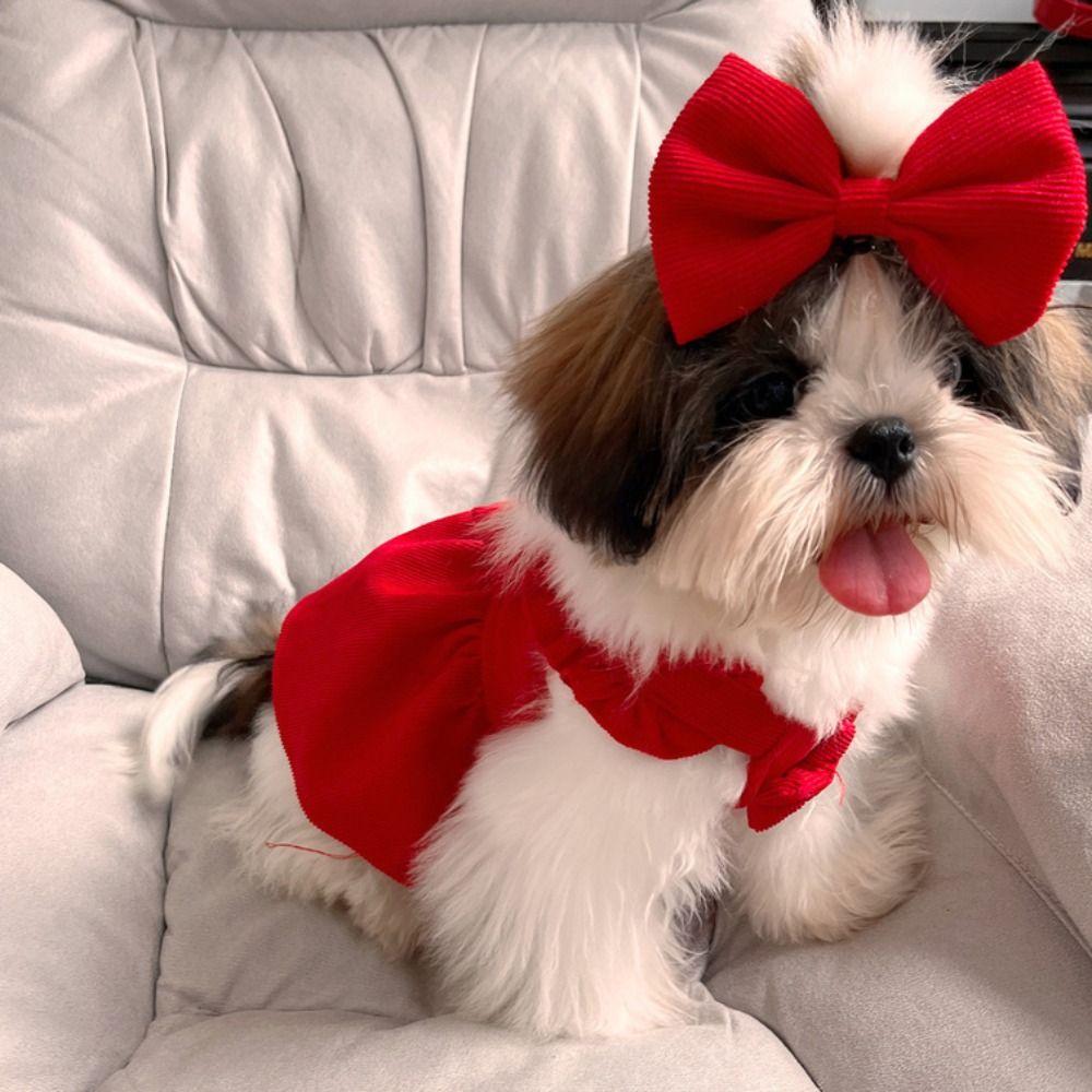 Pleated Bow Dog Skirt New Year Christmas Cat Princess Dress Pet Costume  Photograph Prop