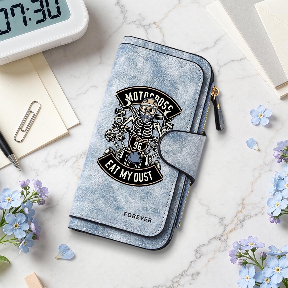Motocross Skeleton Wallet Long Bifold Purse with Multi Card Slots Fashion Cool Leather Wallet for Motorcycle Lovers