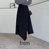Black A-Line High Waist Plus Size Mid-Length Skirt for Women - Spring/Autumn Casual Irregular Umbrella Design