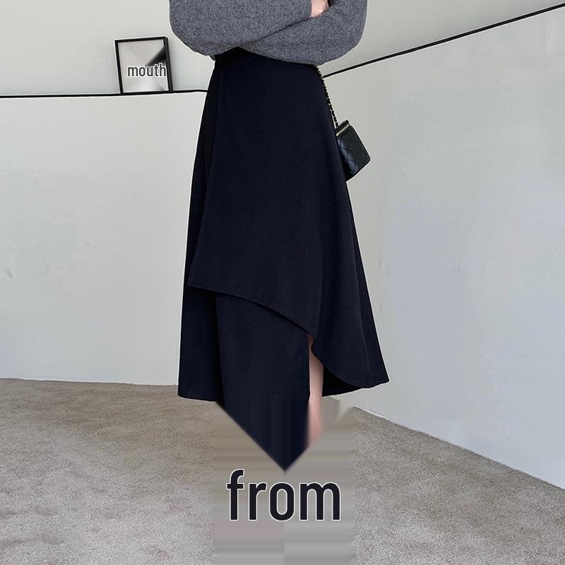 Black A-Line High Waist Plus Size Mid-Length Skirt for Women - Spring/Autumn Casual Irregular Umbrella Design
