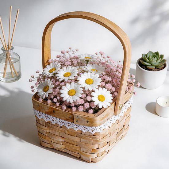 Flower Basket, with Lace Decor, Hand-Woven Wicker Rattan Flower Basket, Wood Portable Floral Gift Basket