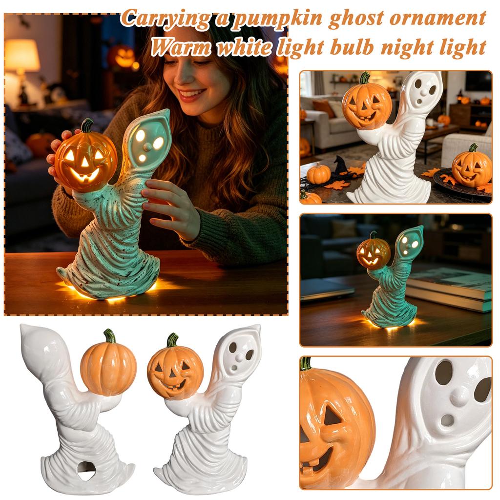 Vintage Ghost Holding Pumpkin Figurine with Warm White Light Bulb Small Night Light Halloween Decoration Indoor Use