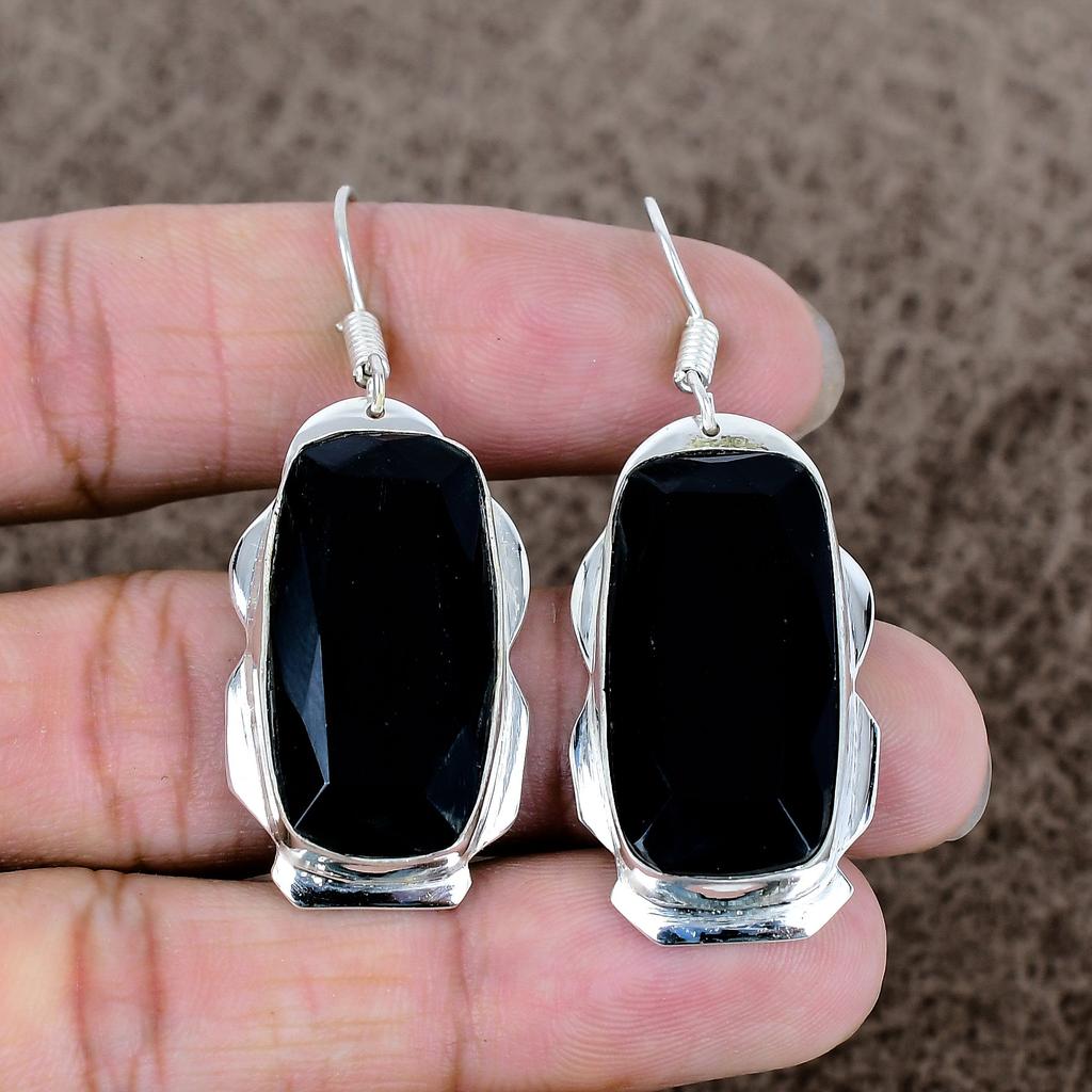 Black Spinel Gemstone Handmade 925 Sterling Silver Jewelry Earring 2.17" KKG-614