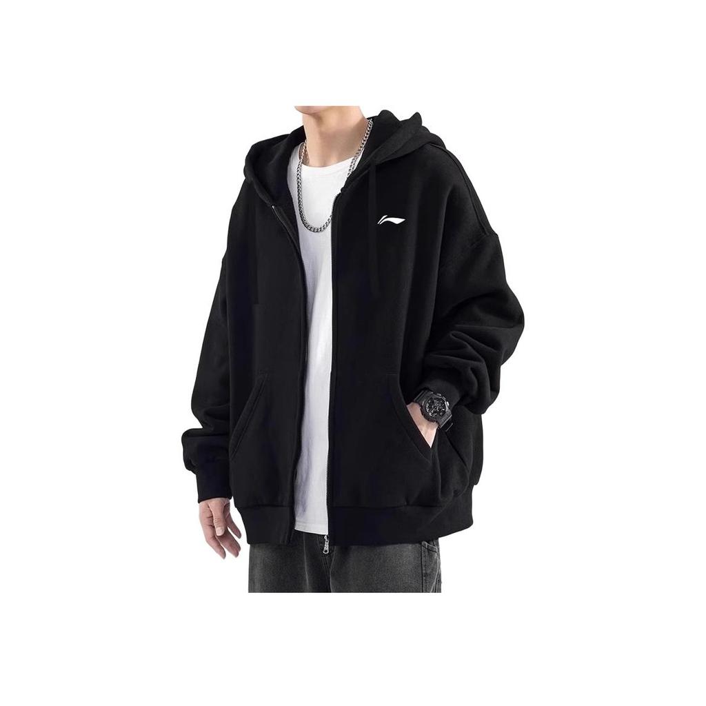 Li Ning Football Series Solid Color Loose Sports Hooded Zip Jacket Sweatshirt Men jackets Black AWDS421-1