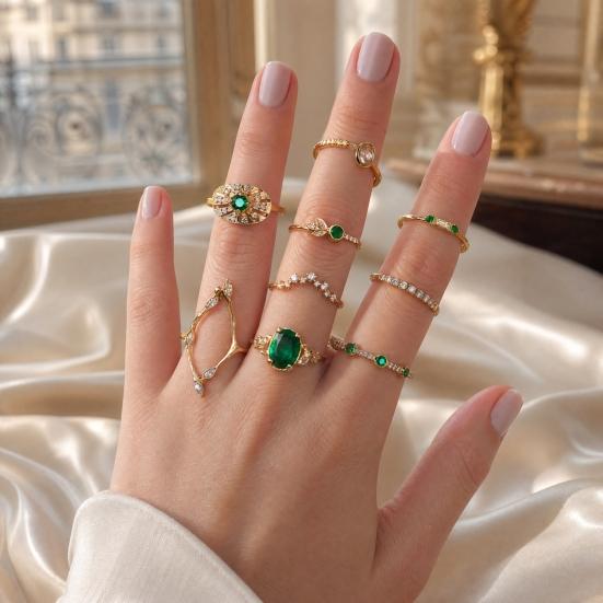 9Pcs/Set Women Ring Set, Multiple Styles Adjustable Stacking Rings, Stackable Finger Band with Green Rhinestones Inlay for Jewelry Gift