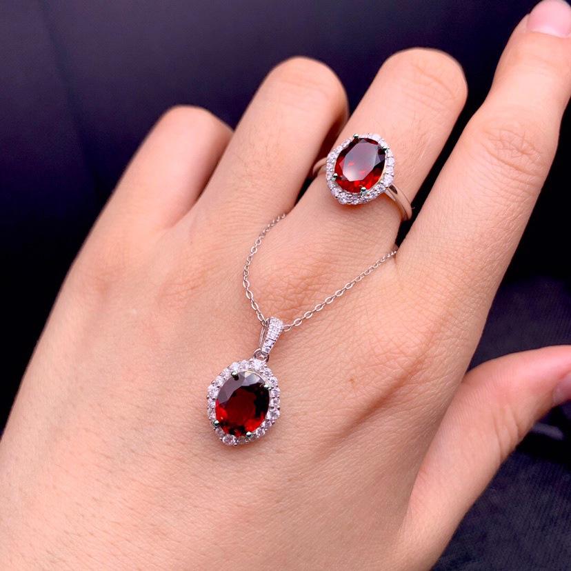 Elegant Pomegranate Ruby & Simulated Diamond Open Ring and 18K White Gold Pendant Necklace Set