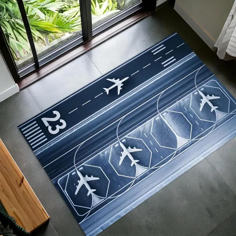 Winter Airport Rug for Kids Snowy Runway Carpet  Cold Weather Aviation Home Decor Holiday Themed Mat