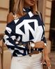 Women Long Sleeve Chain Halter Neck Printed Tops Autumn Winter Button Decorated Fashion